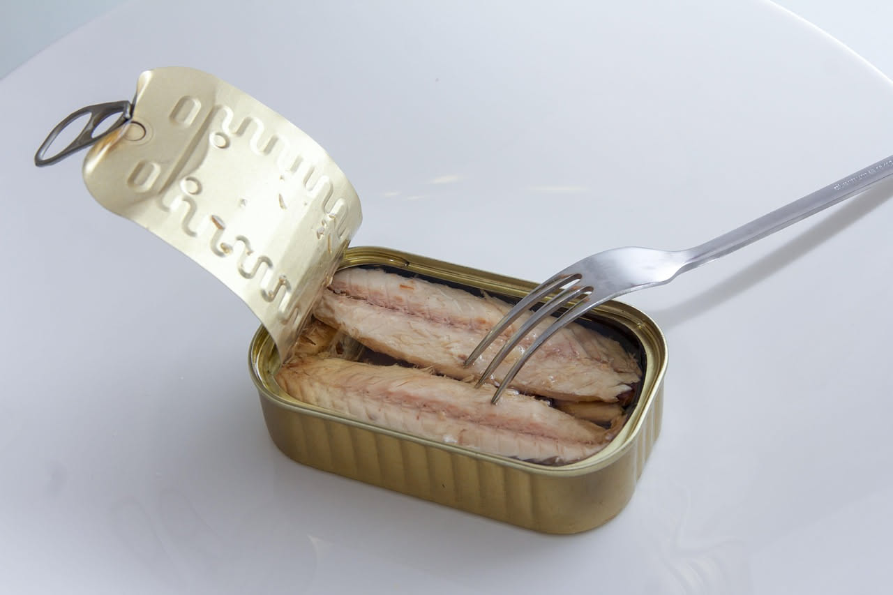 Immagine di sgombro in scatola, alimento discusso per la salute del fegato, con analisi scientifica recente.